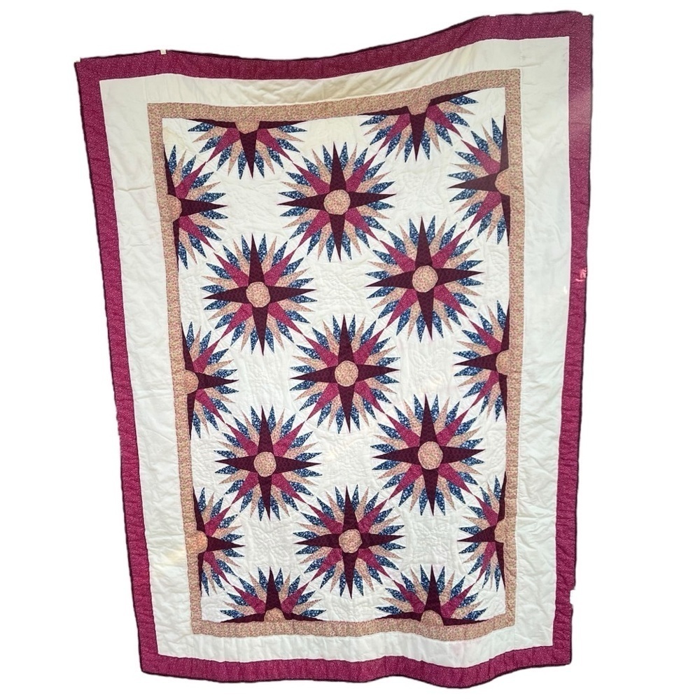 VTG Sunham Slashed Star Quilt Prairie Cottage Calico Floral Hand Quilted 65x81